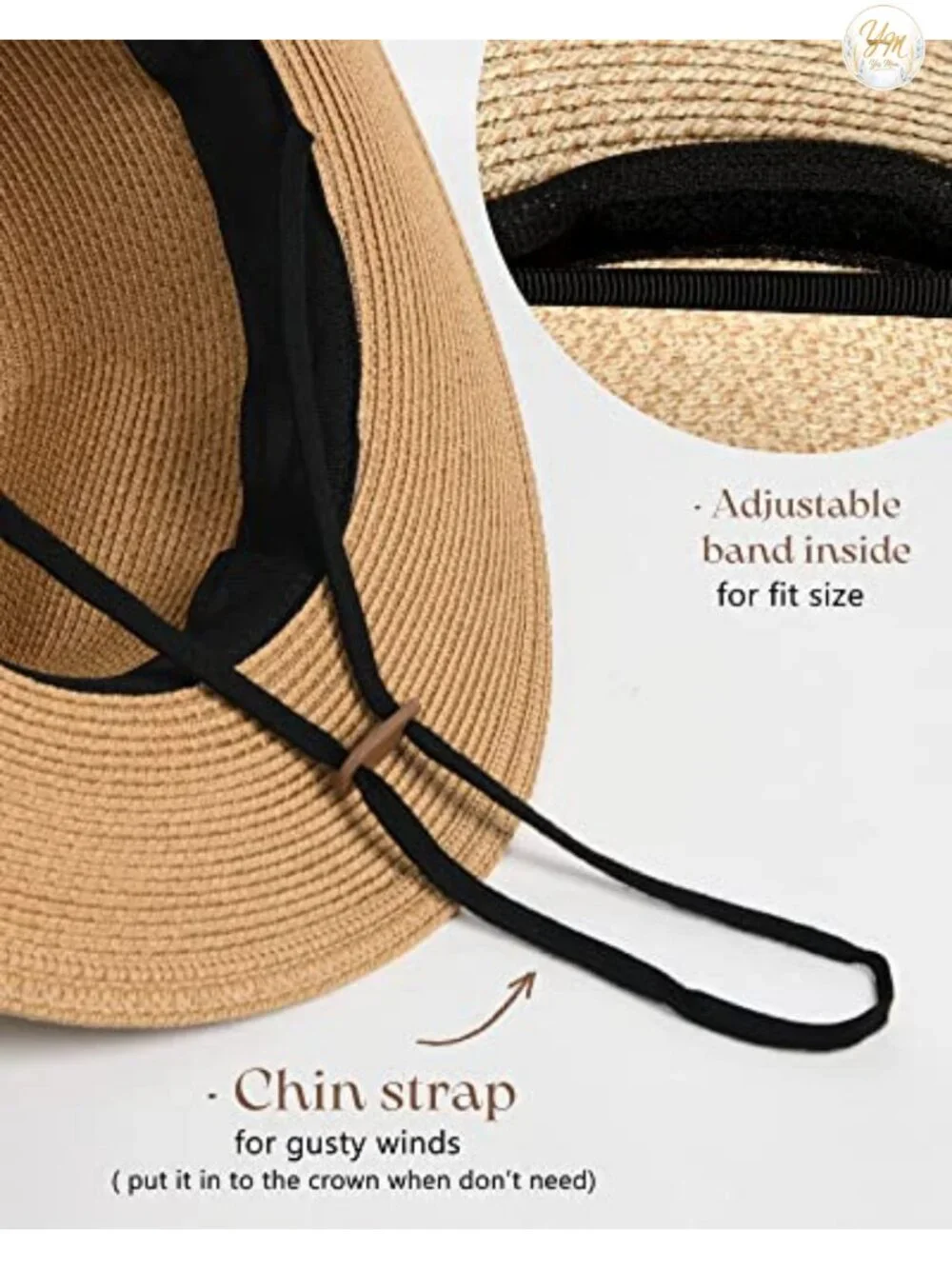 Wide Brim Straw Fedora Sun Hat for Summer Beach Travel with Chin Strap